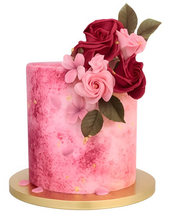 Торт на 8 марта в розовом цвете с пышным букетом цветов Фото