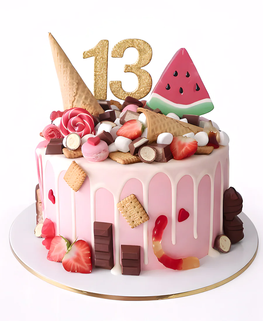 Детский торт с разными сладостями и долькой арбуза Фото