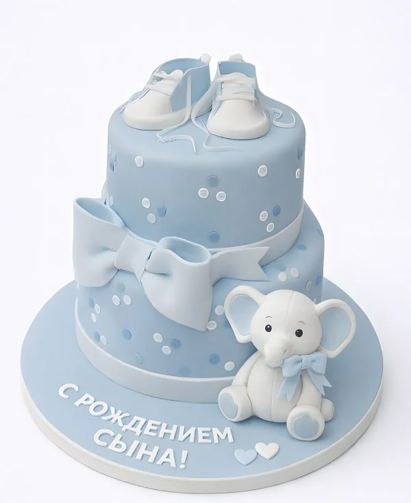 Торт голубого цвета с мишкой и бантиком Фото