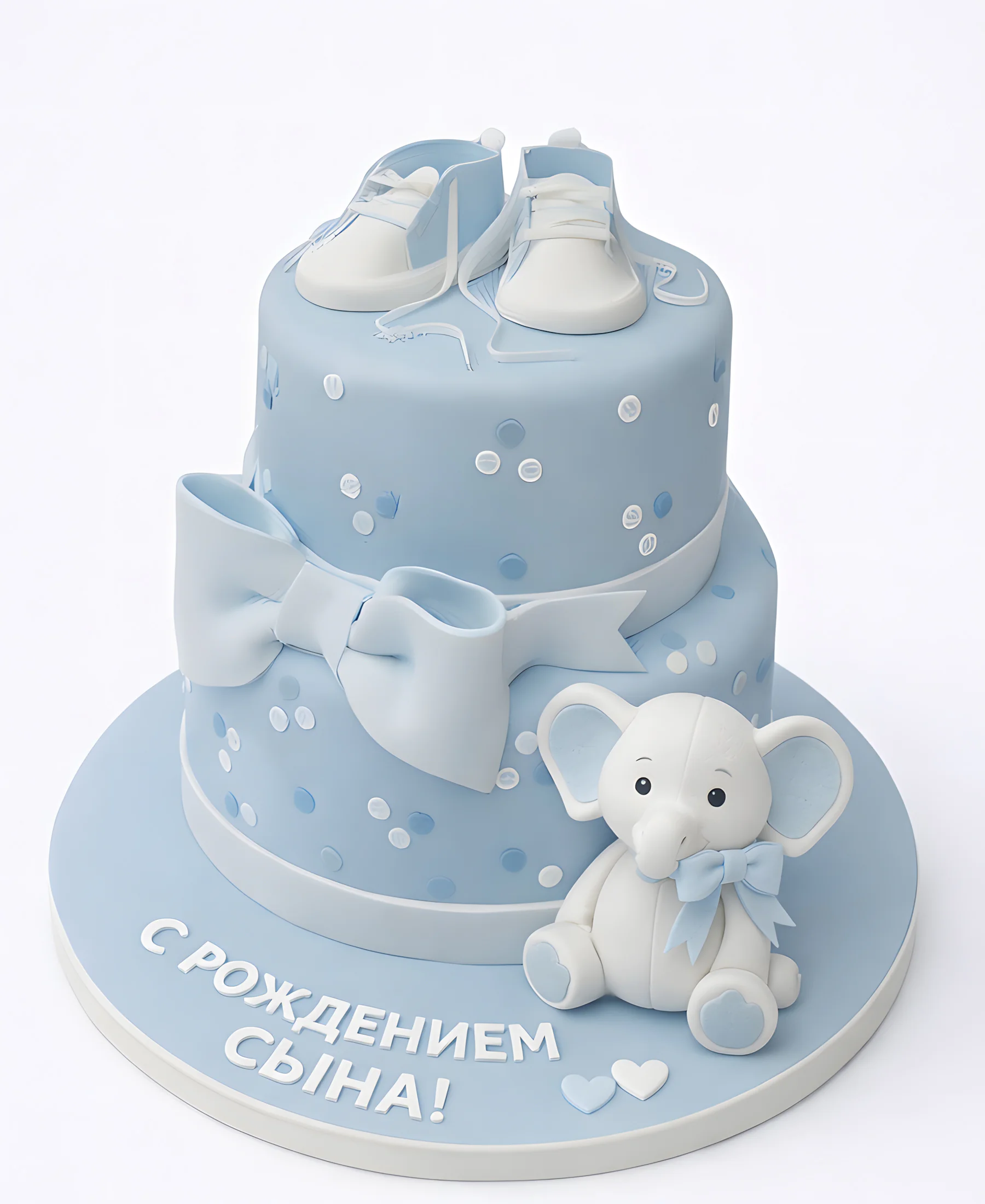 Торт голубого цвета с мишкой и бантиком Фото