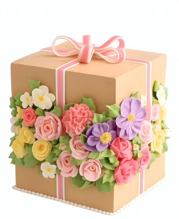 Торт Коробка Подарок из мастики, украшенный цветами Фото