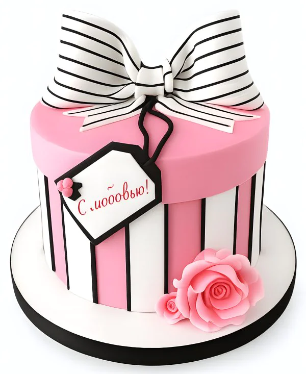 Торт подарок в виде розово-белой коробки с бантом Фото