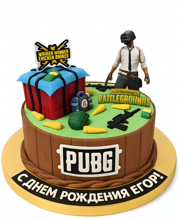 Оригинальный торт с фигурками автоматов и бойца Фото