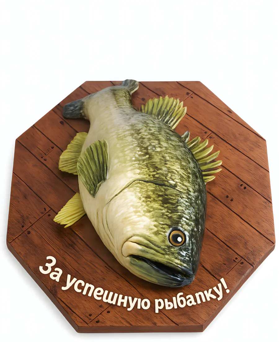 Торт 3D для рыбака в виде большой рыбы из мастики Фото