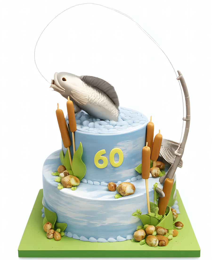 Торт рыбаку с удочкой и рыбой Фото