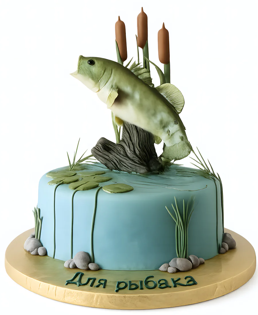 Торт для рыбака с фигуркой рыбы Фото