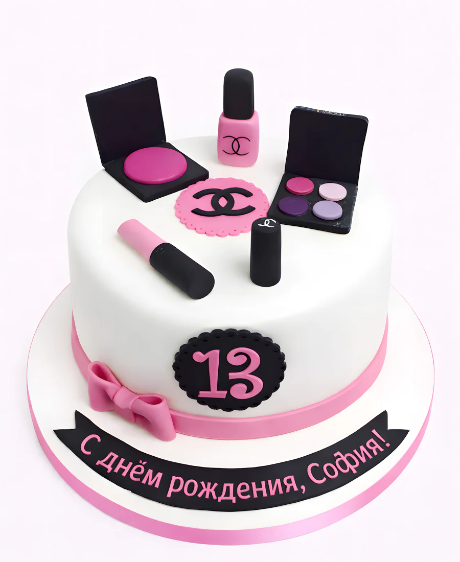 Торт белого цвета в виде косметики шанель Фото