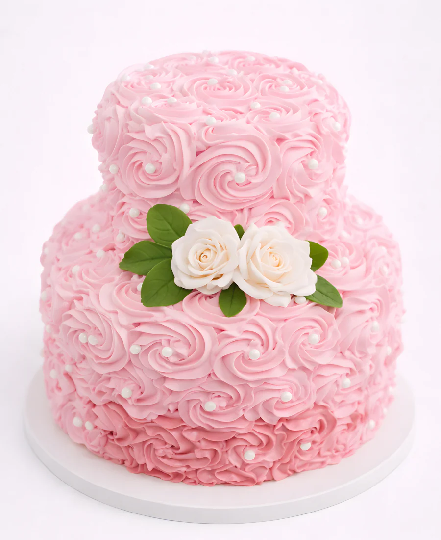 Розовый торт с кремовыми розами и бусинами Фото