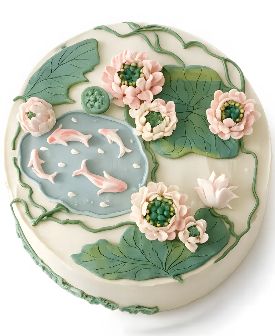 Торт с милыми кувшинками и рыбками в пруду Фото