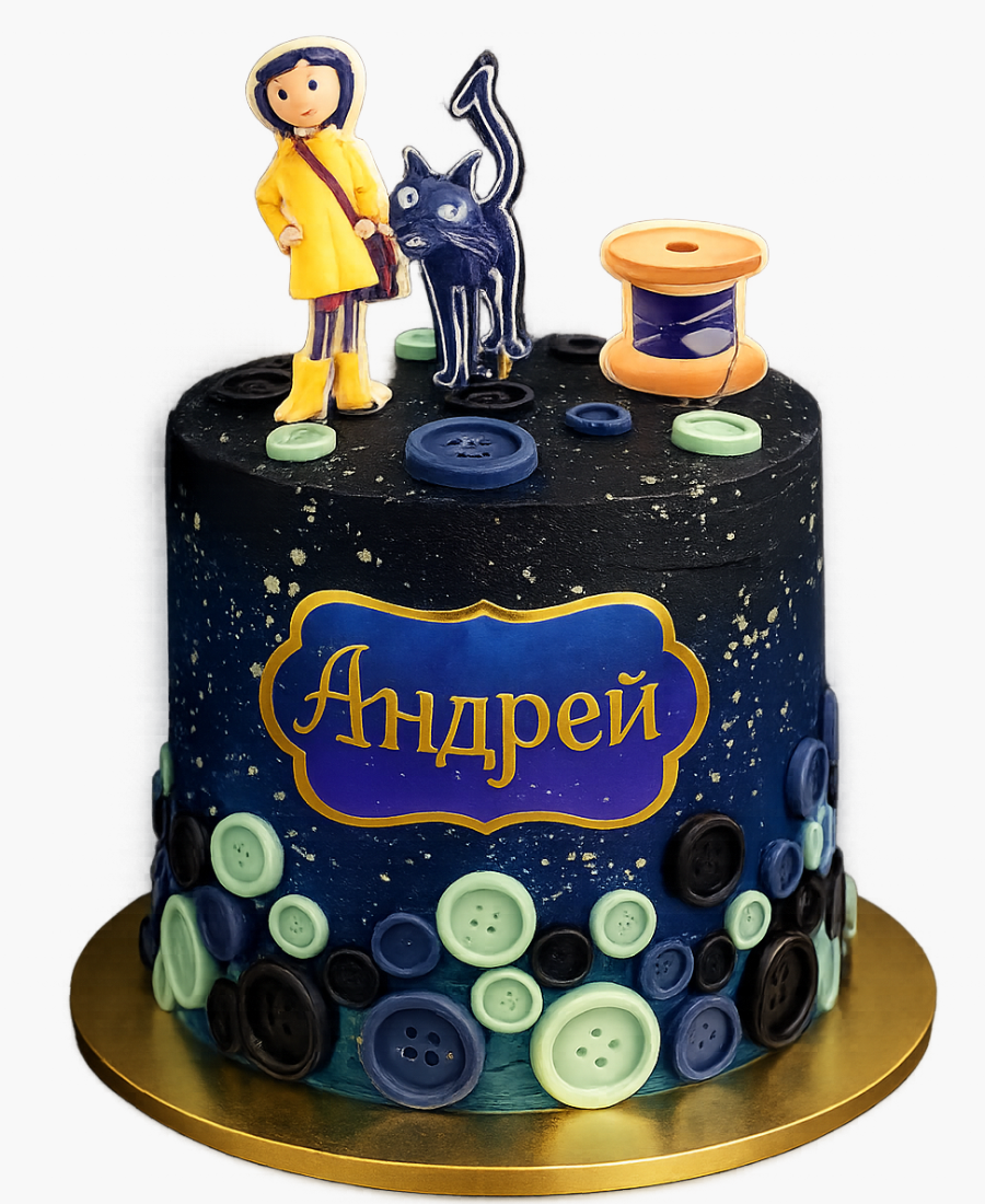 Торт с пуговицами и котиком Коралины Фото