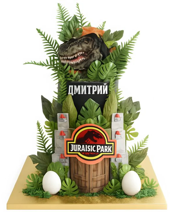 Торт с пышными листьями и динозавром из Юрского периода Фото