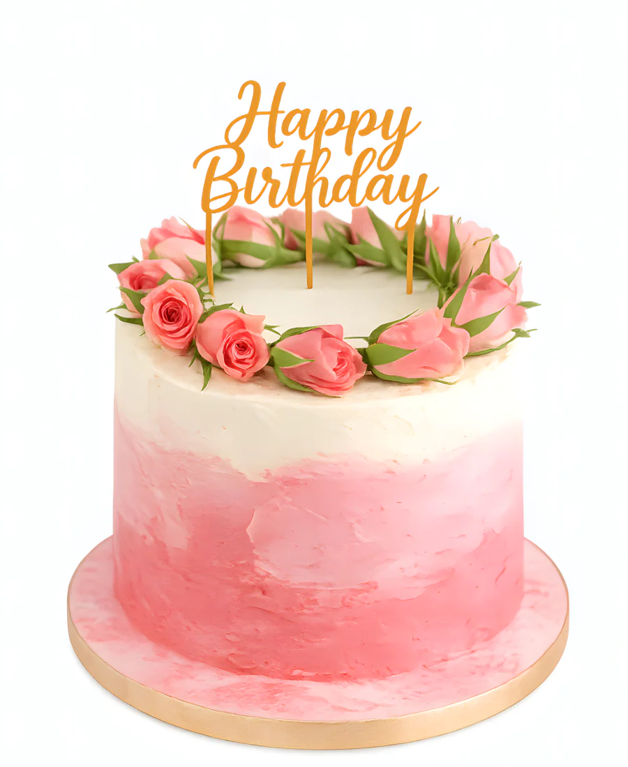 Женский бело-розовый торт с венком из цветов Фото