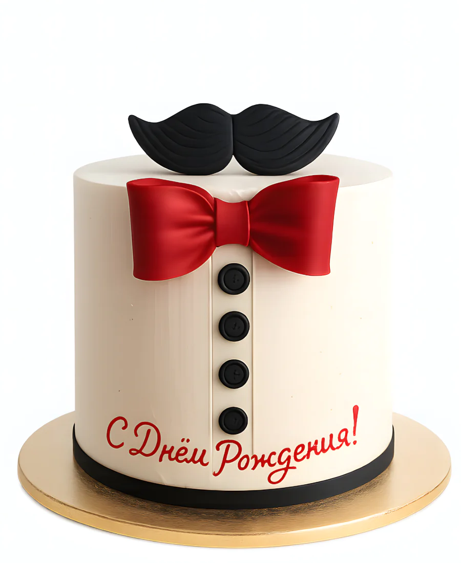 Торт в виде рубашки с бордовой бабочкой и усами Фото