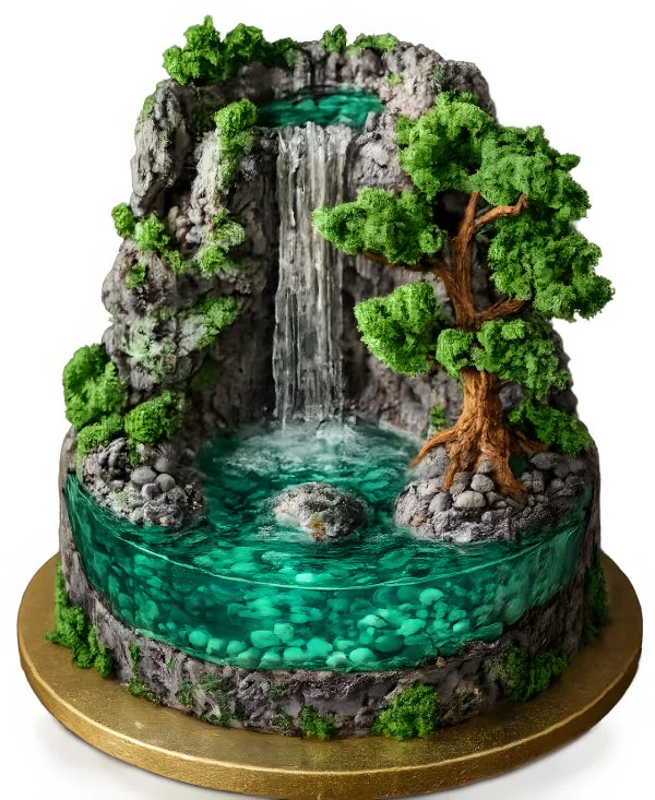 Торт в стиле водопада с могучими деревьями и мхом Фото