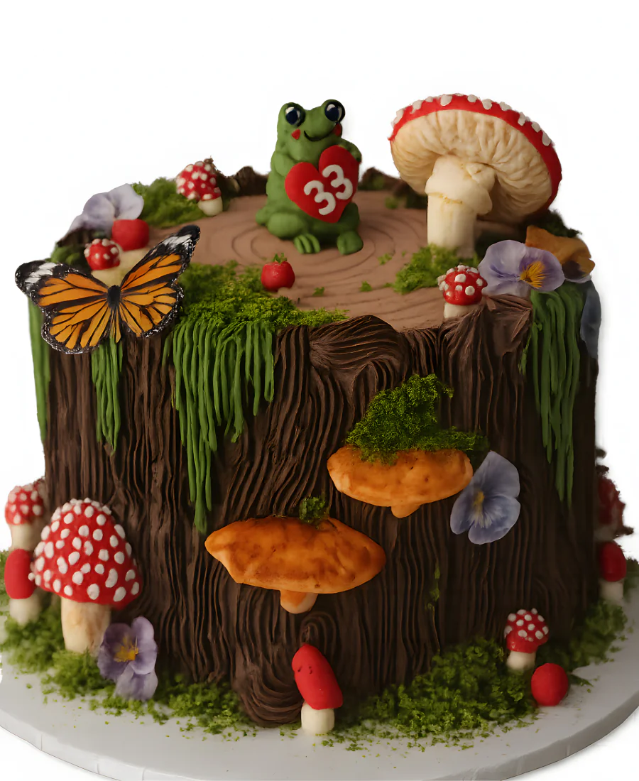 Торт в виде пня с мухоморами и опятами Фото
