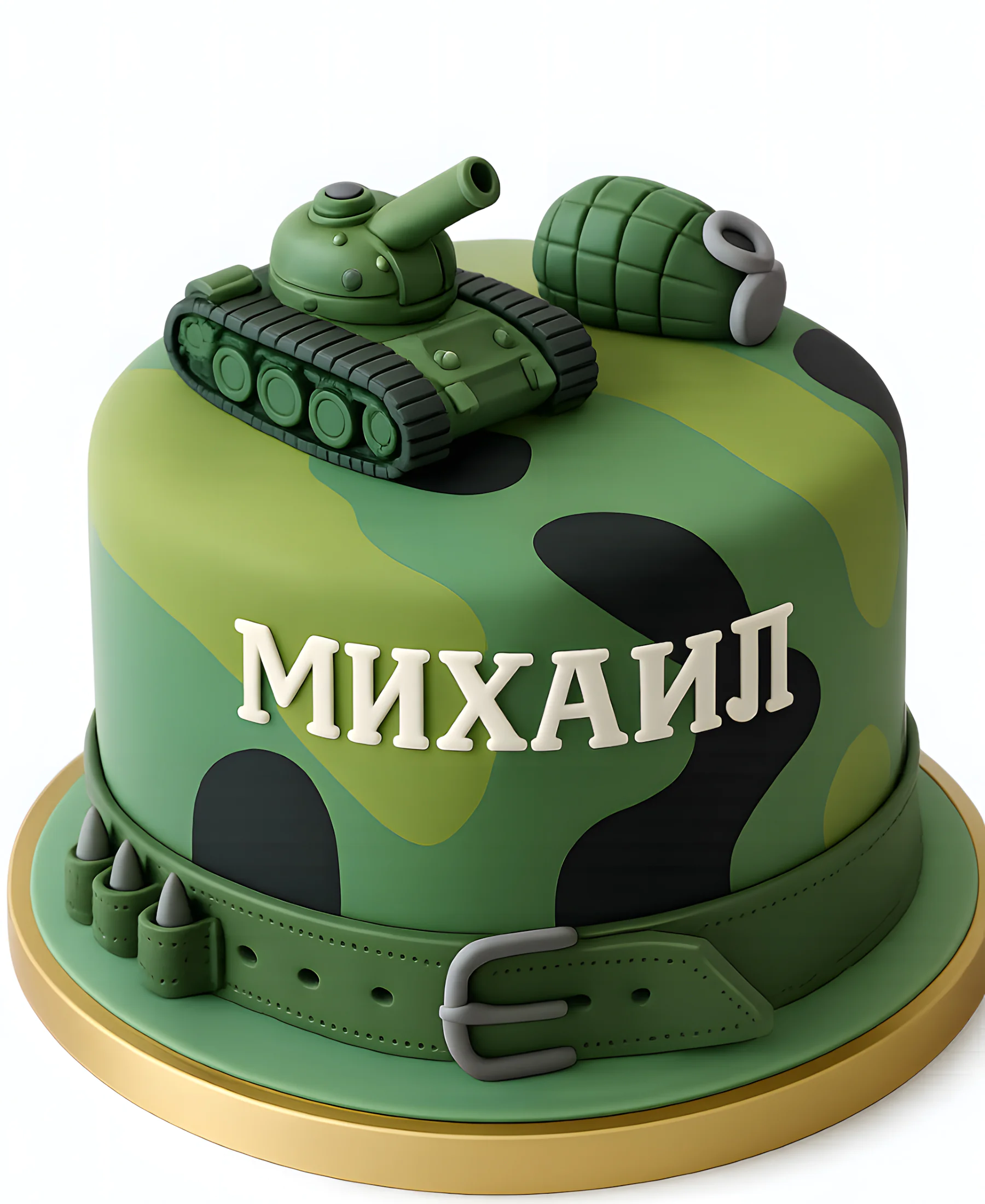 Торт с фигуркой танка и гранаты в стиле хаки Фото
