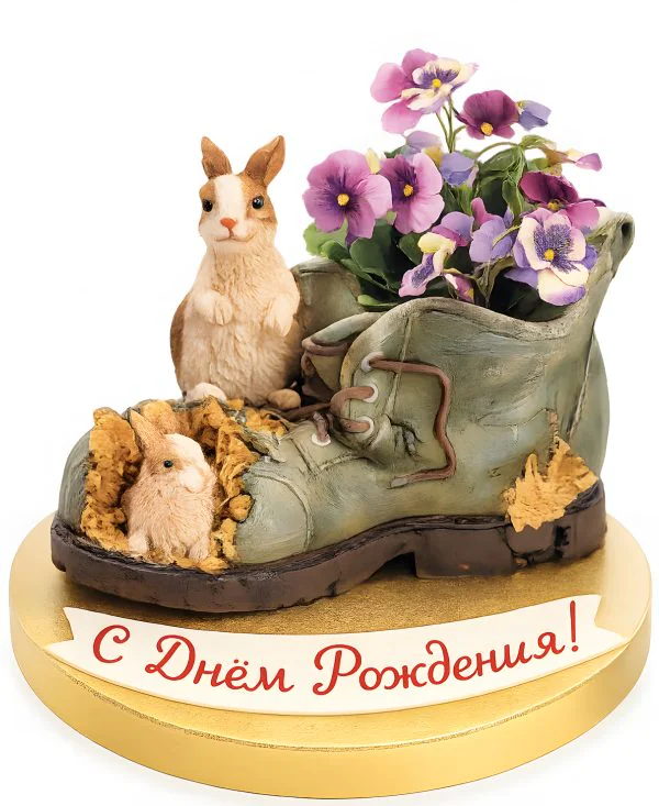 Творческий торт башмак с милыми зайками и цветами Фото