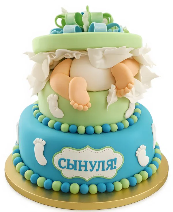 Величественный двухъярусный торт с ребенком в памперсе Фото