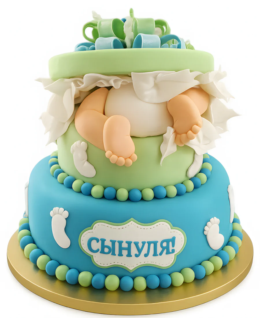 Величественный двухъярусный торт с ребенком в памперсе Фото