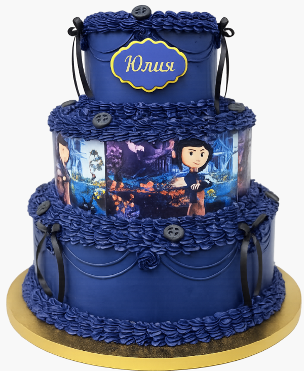 Величественный трехъярусный торт с фотопечатями Коралины в Стране Кошмаров Фото