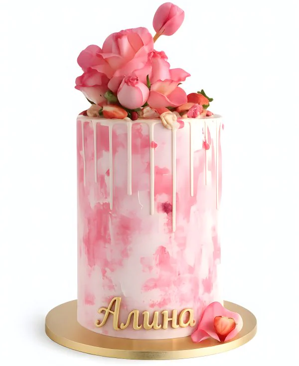 Весенний торт на 8 марта в розовом цвете с цветами Фото