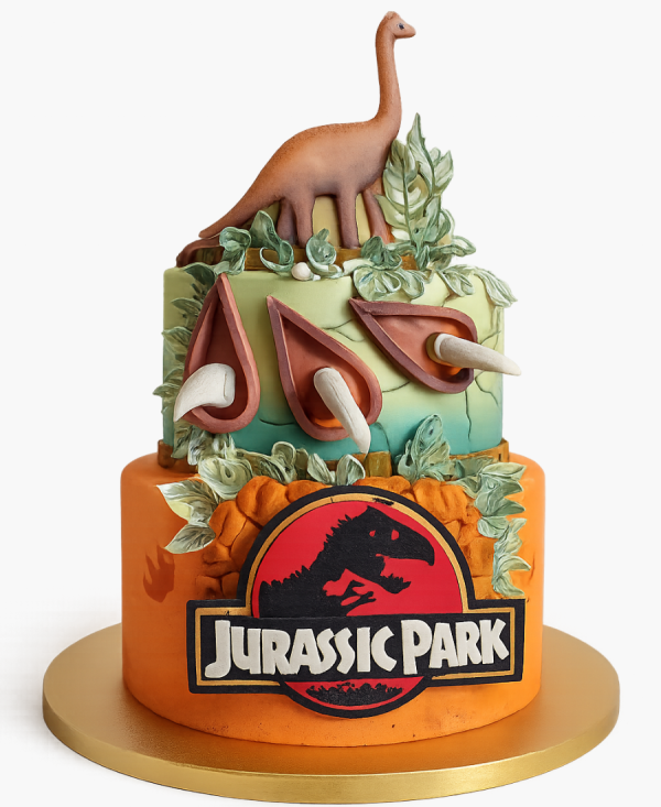 Восхитительный объёмный торт в стиле Юрского периода с динозаврами Фото