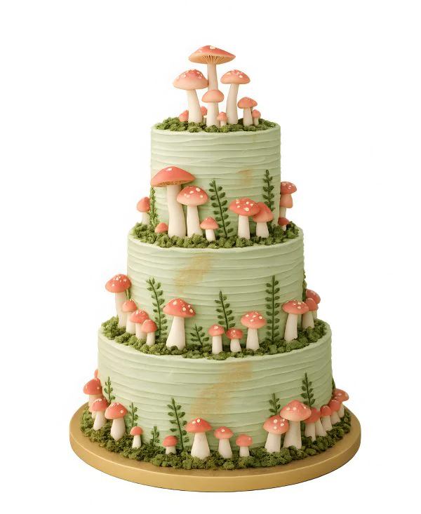 Яркий трехъярусный торт с мухоморами для грибника Фото