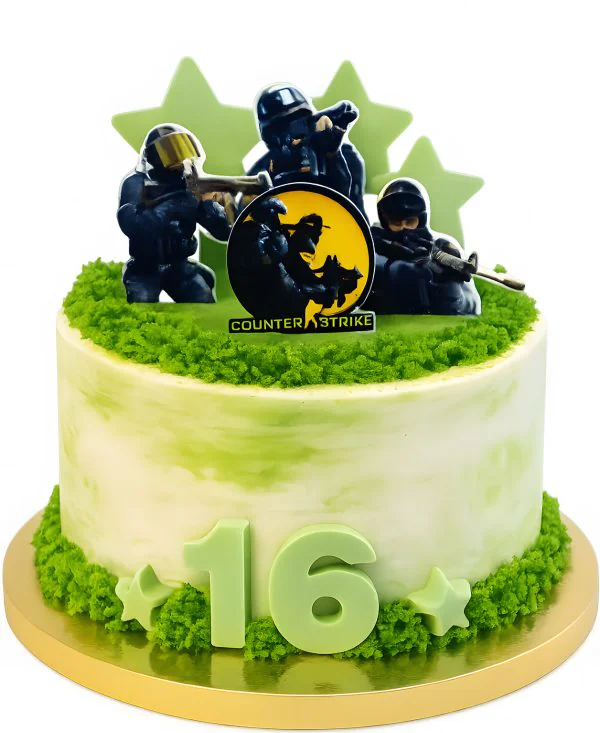 Ярко зеленый торт с кустами и персонажами игры CS GO Фото