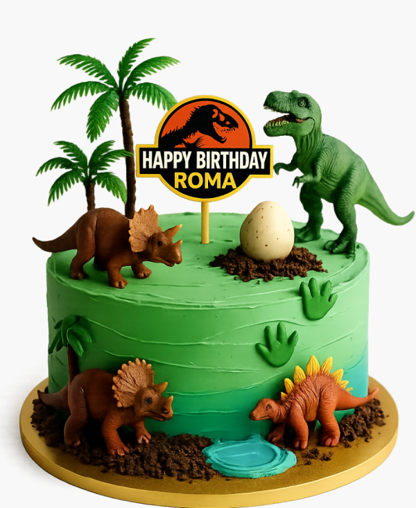 Ярко зеленый торт с яйцом и динозаврами из фильма «Юрский период» Фото