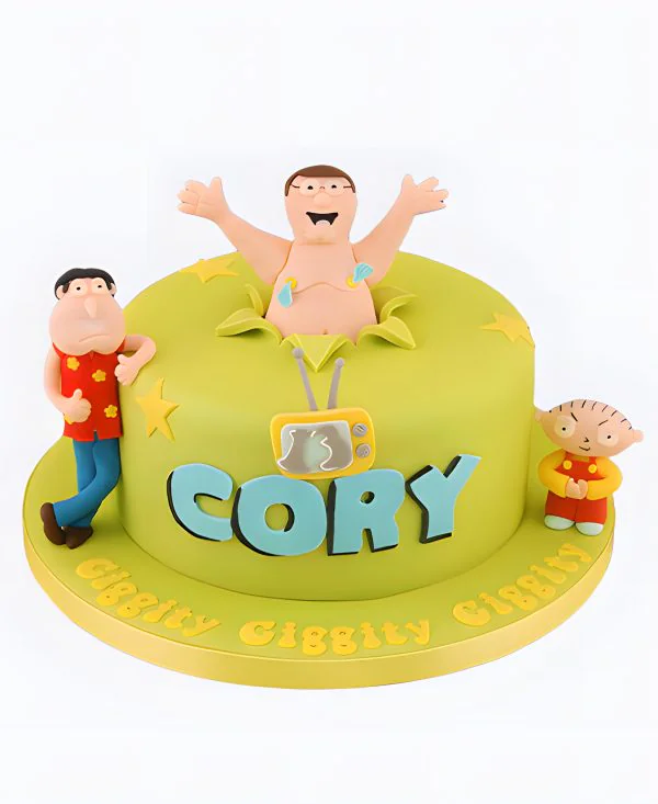 Желтый торт с фигурками персонажей из Гриффинов Фото