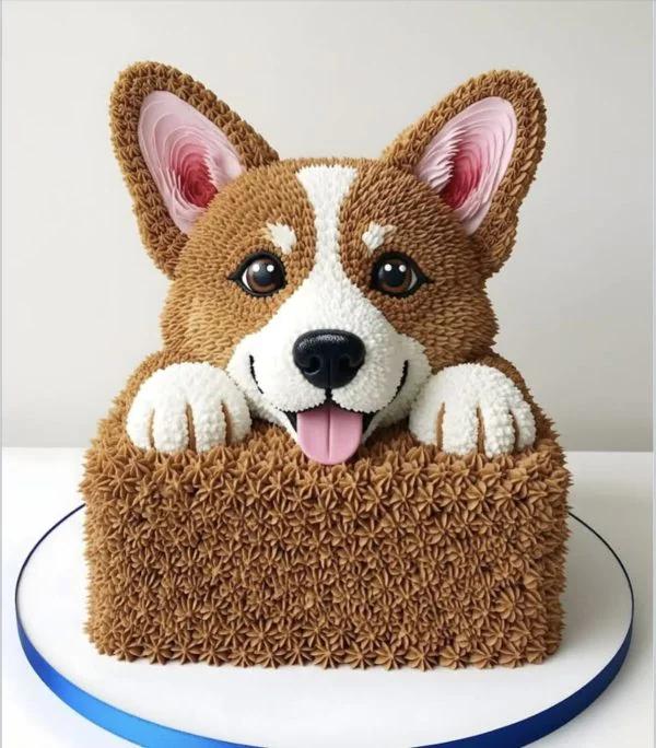 Прямоугольный торт с мордочкой корги Фото
