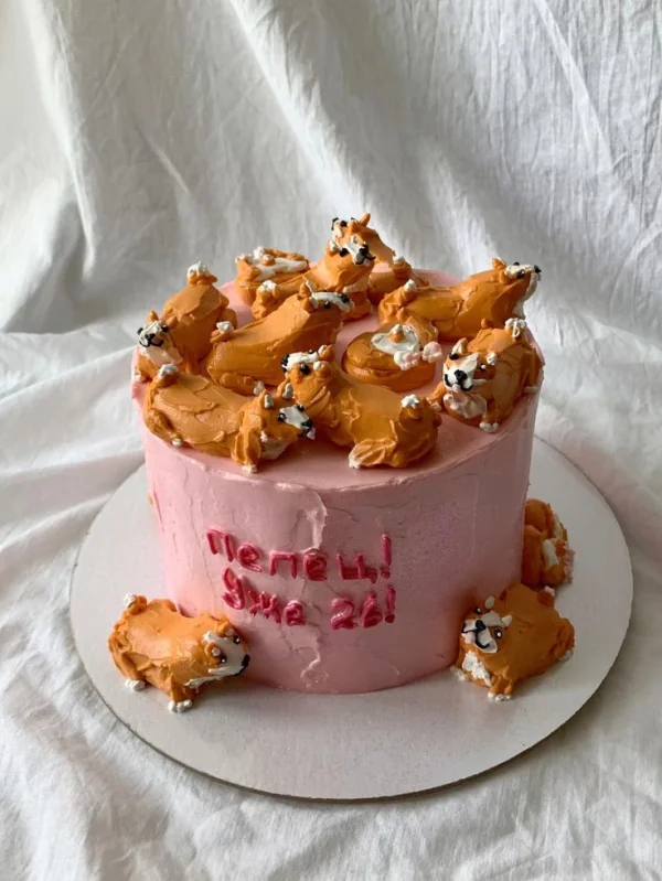 Розовый торт на 26 лет с маленькими собачками Фото