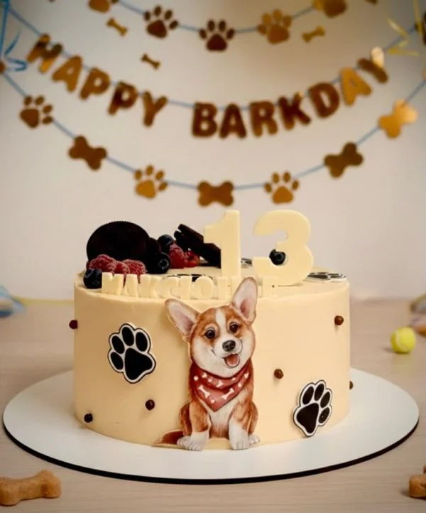 Минималистичный торт с ягодами и собакой на 13 лет Фото