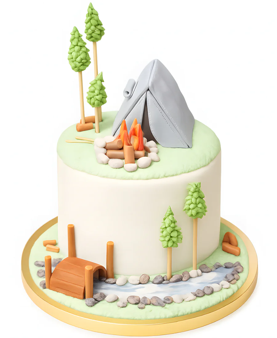 Бело-зеленый торт с мостом и палаткой Фото