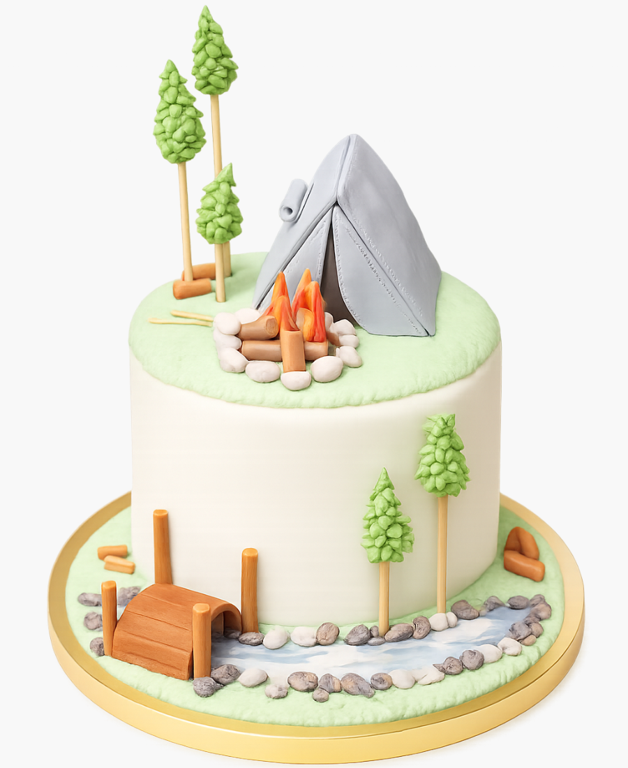 Бело-зеленый торт с мостом и палаткой Фото