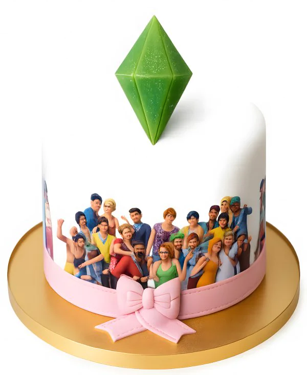 Торт с изумрудом и персонажами Симс Фото