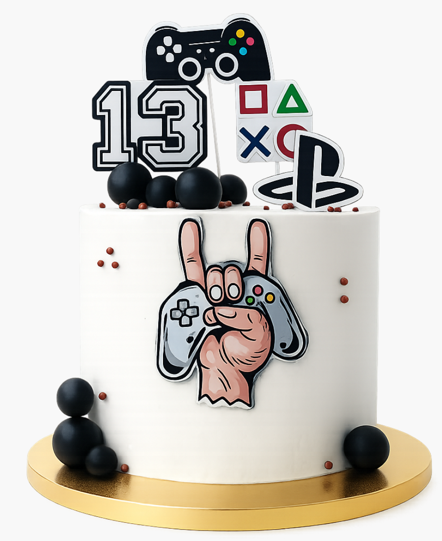 Белый торт с мастичными топперами по тематике игр Фото