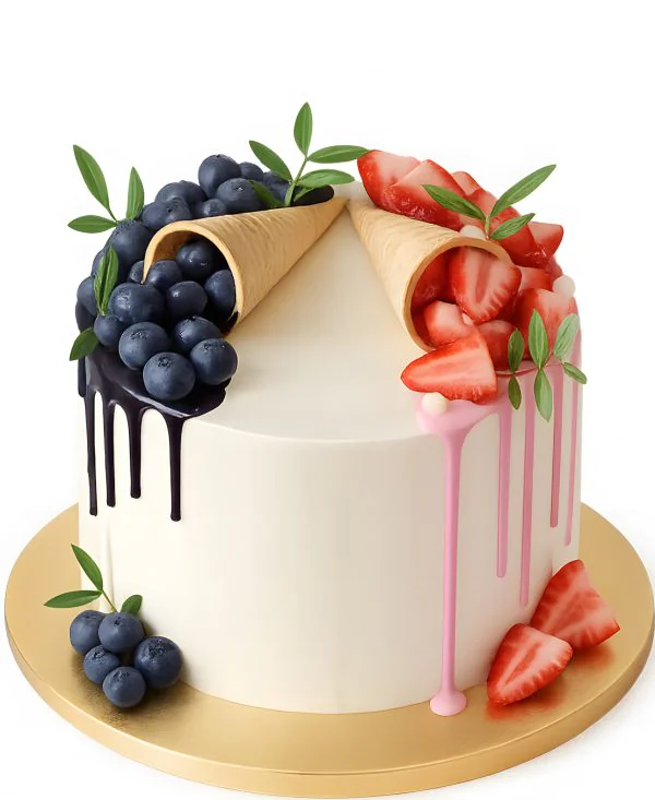 Белый торт с рожками, голубикой и клубникой Фото