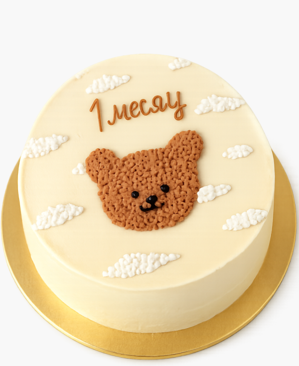 Бежевый бенто-торт с медведем и облаками Фото