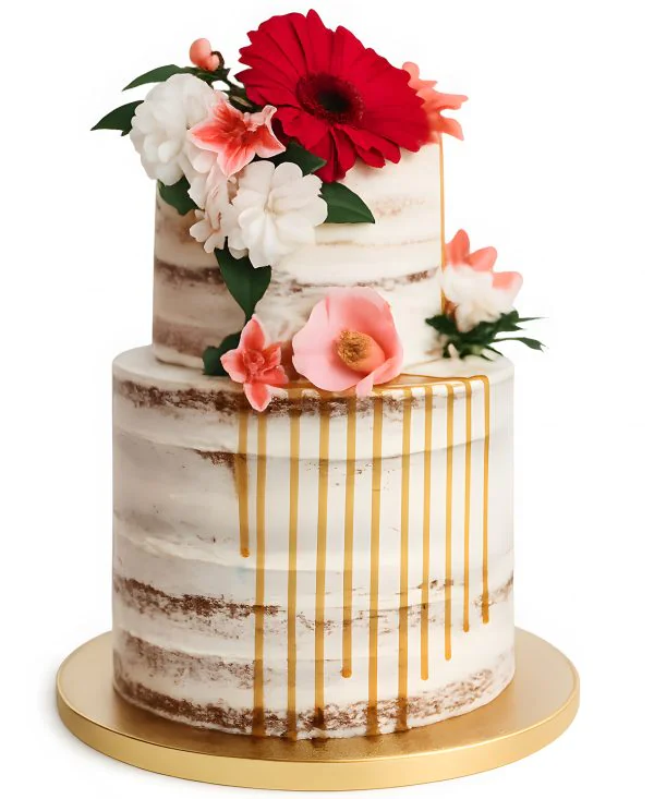 Броский торт без мастики с живыми цветами и подтеками Фото