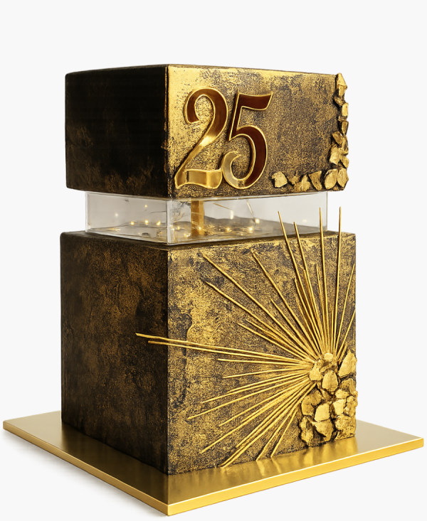 Чёрно-золотой квадратный торт на 25 лет Фото