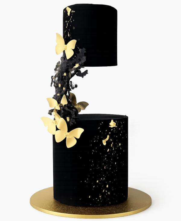 Чёрный торт с золотыми бабочками Фото