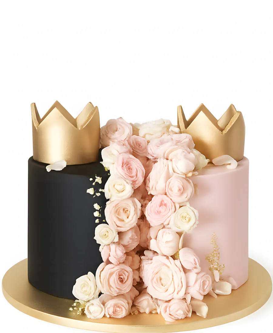 Двойной торт с коронами и розами Фото
