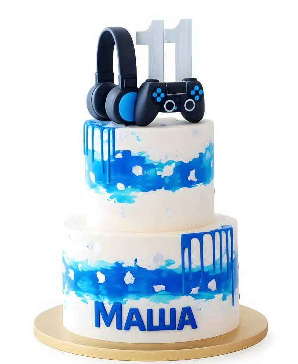 Двухъярусный торт с наушниками и джойстиком Фото