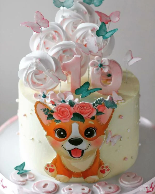 Торт на 10 лет с бабочками и корги Фото