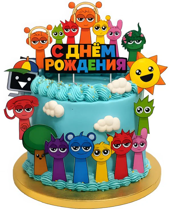 Голубой торт Денди Ворлд с поздравительной надписью Фото