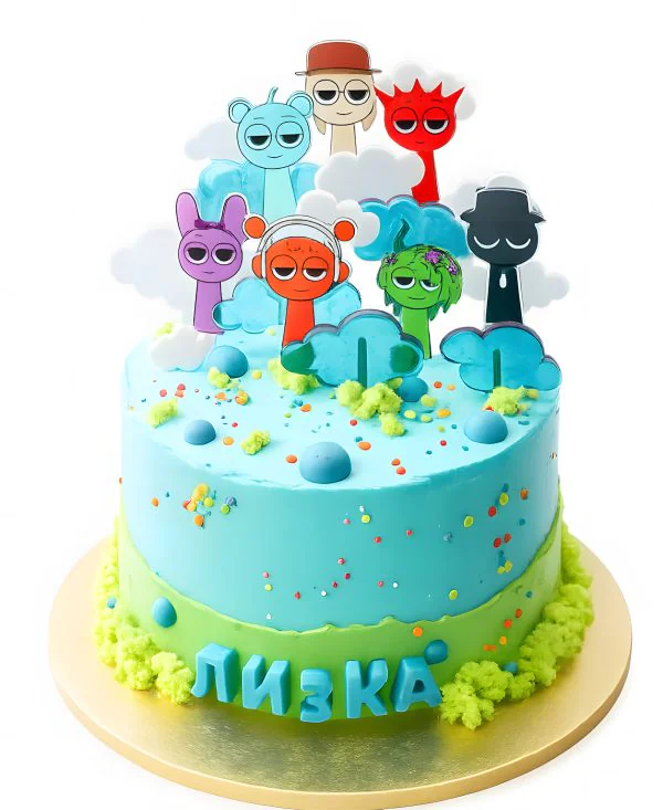 Голубой торт по игре с карамельными и мастичными облаками Фото