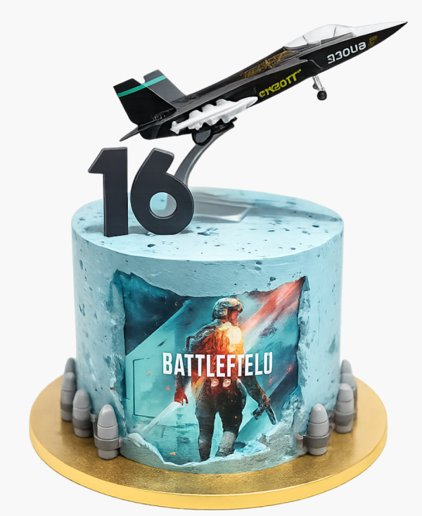 Голубой торт с фигуркой по игре Battlefield Фото