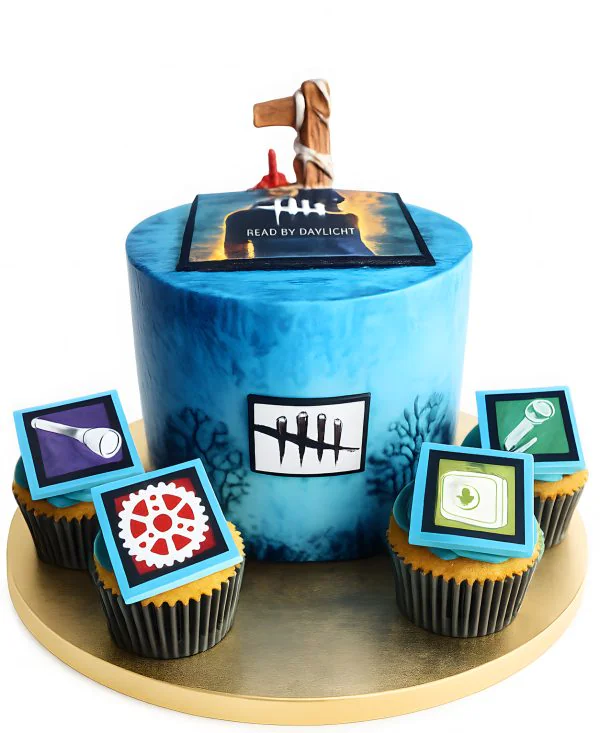 Голубой торт с фотопечатью предметов Фото