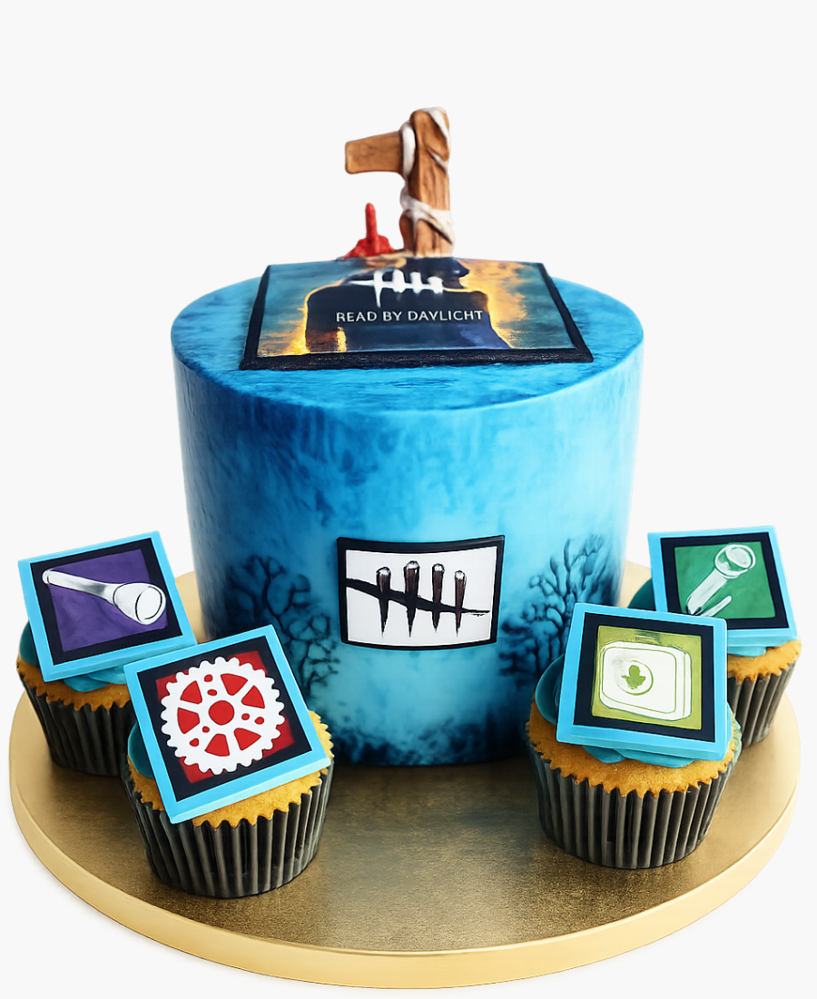 Голубой торт с фотопечатью предметов Фото